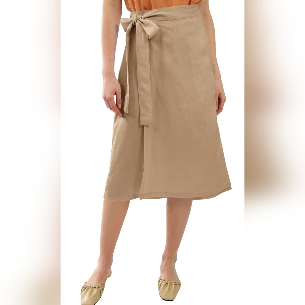 Amazhiyu Womens Pure Linen Summer Beach Midi Side Wrap Slit Skirt Causal Large